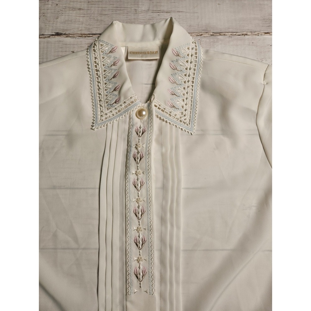 Vtg Christie & Jill White Embroidered Lace Pearl Blouse Womens‎ 12P Short Sleeve